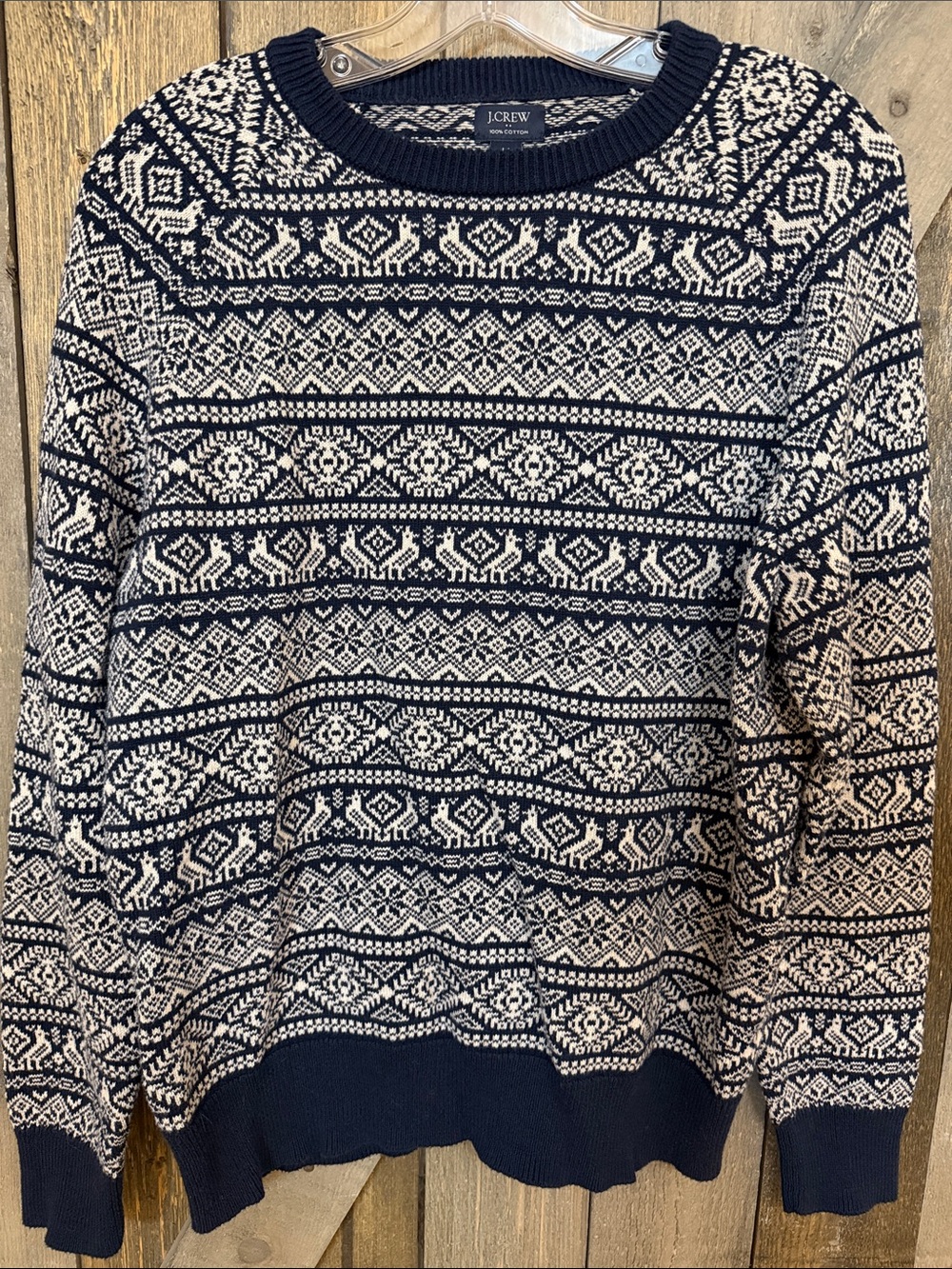 J.Crew Men’s Cotton Fair Isle Sweater Navy Ivory Nordic Ski Après Crewneck Med